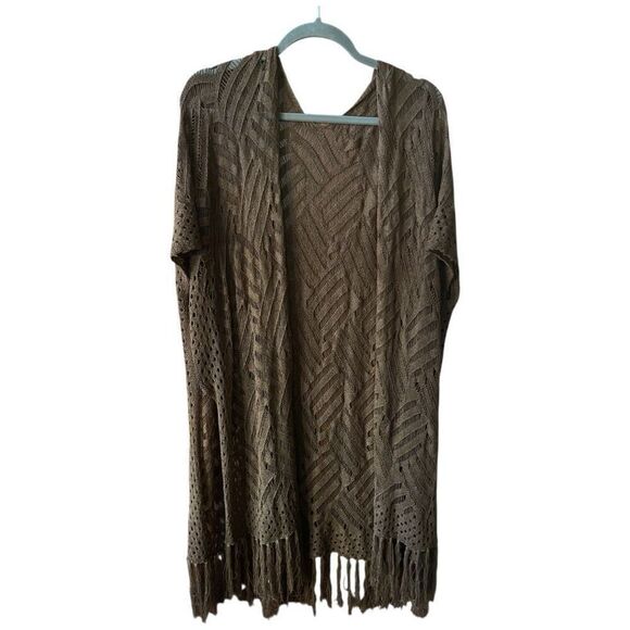 Unbranded Brown Woven Lace Fringe Open Front Kimono Duster Hippie Size Large - Picture 1 of 5